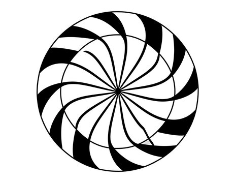 Abstract optical illusion circle with black and white swirling stripes and a central concentric ring, creating a sense of motion and depth