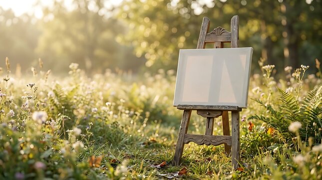Wooden easle holding a blank canvas for artistic inspiration in a peaceful sunny meadow with lush green summer grass