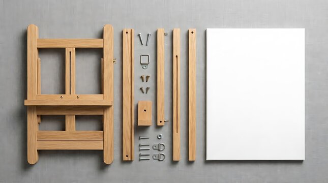An organized flat lay view of a disassembled wooden easle kit with metal hardware parts and a blank white canvas