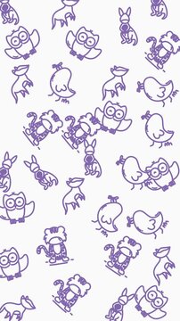 plain white background Purple outline illustrations of owls, kangaroos, cats, birds in a repeated pattern suitable for fabric prints, stationery, and accessories design.