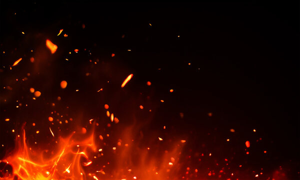 Realistic fire sparks and embers on a black background glowing orange and red flames