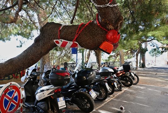 low overhead traffic area. height restriction.  limited clear headroom. low vertical height. motorcycles parked under low growing tree branch. danger of getting stuck with vehicle. red and white sign