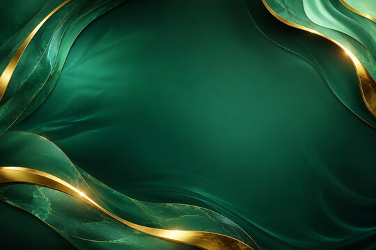 Luxury emerald green marble background with elegant fluid metallic gold waves, smooth silk curves, soft texture, and copy space for design backdrop.