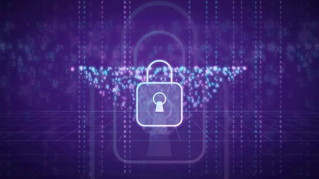 Digital Security Concept with Glowing Padlock Icon and Binary Data Stream on Purple Background