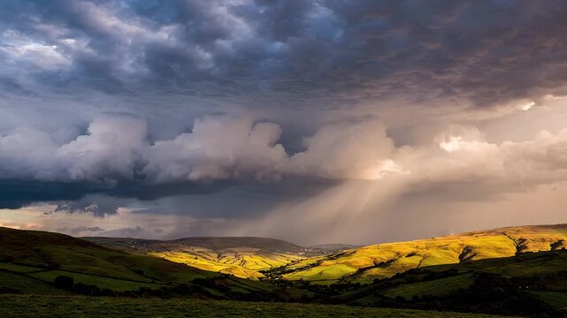 Storm clouds gather over the rolling green hills while sunlight illuminates the valley floor below.