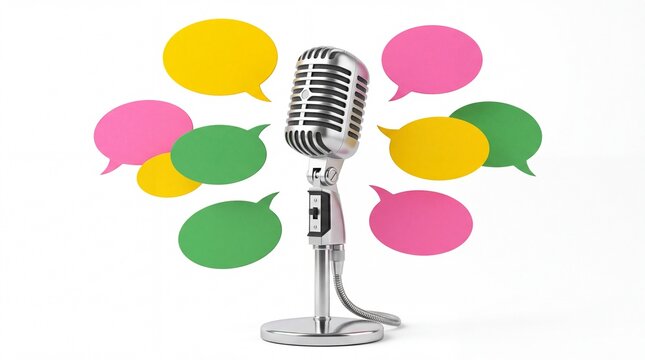 Vintage silver microphone standing upright with colorful floating speech bubbles to represent communication and podcasting concepts displayed on white background