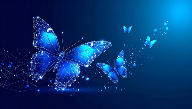 Abstract glowing blue digital butterflies emerging from geometric polygons, representing transformation and technology, bokeh lights
