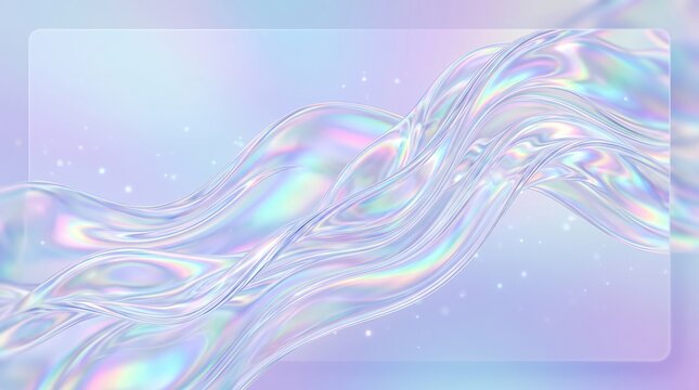 Holographic iridescent liquid waves, pastel rainbow fluid background, abstract pearlescent chrome texture for web design