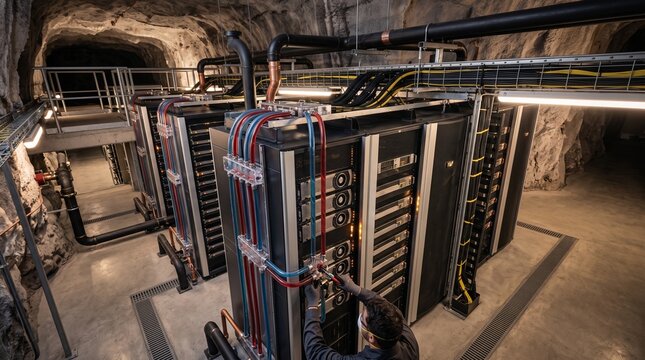 Underground server room in rock cave with high tech hardware liquid cooling pipes professional technician working on data racks secure subterranean information technology facility.