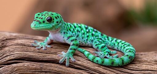 Obraz premium Emerald gecko resting on weathered wood, highlighting detailed scales and a curled tail in natural light.