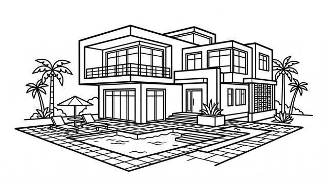 Modern luxury villa line art, tropical house with swimming pool illustration, minimalist architectural home exterior drawing