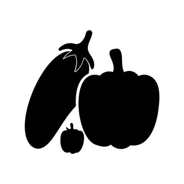 Black silhouette of eggplant, bell pepper, and apple - Minimalist black vector icons of an eggplant, bell pepper, and apple arranged together in a clean, simple style.