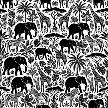 Safari animals seamless vector pattern featuring black silhouettes of giraffes, elephants, and zebras arranged among tropical palm trees and savanna foliage, created in a clean flat graphic illustrati