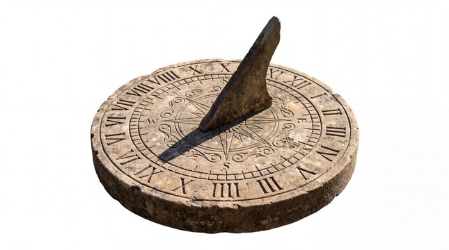 Ancient stone sundial featuring Roman numerals and a central gnomon captured in high resolution isolated clearly on white background
