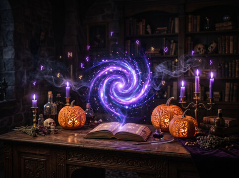 Mystical spell book opens with glowing purple vortex during Halloween night in a dark library