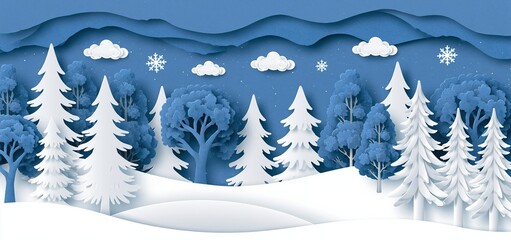 Obraz premium Festive holiday card with layered paper cut snowy forest and cheerful New Year greeting for winter celebrations.