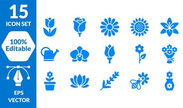 15 floral icons set, blue vector gardening symbols, roses and flowers collection, eps editable nature design elements for web and print