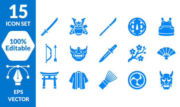 Japanese samurai icon set symbols weapon armor culture vector illustration