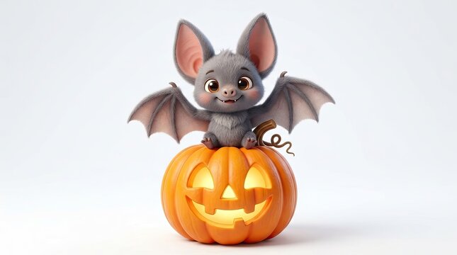 A cute little halloween cat bat hybrid creature sitting on top of a glowing orange jack o lantern pumpkin decoration