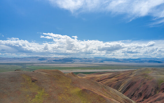 Aerial from drone of Altai mountain landscape in Altai mountains. Red clay canyon near village Kororya.