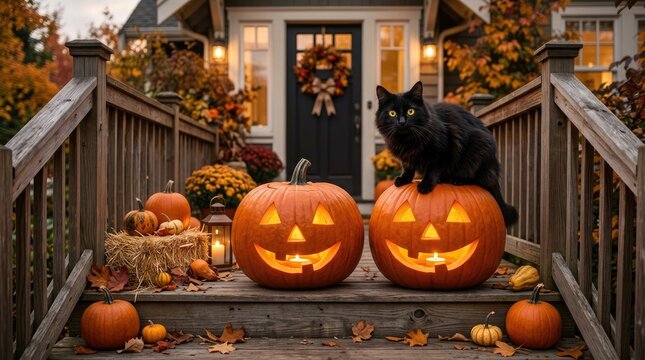 A cute black halloween cat sits on a glowing carved jack o lantern on the front porch steps during autumn evening