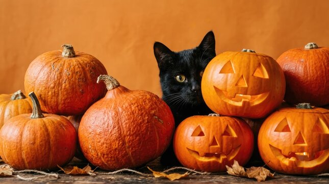 A cute black halloween cat hiding behind carved pumpkins and orange gourds for a festive autumn holiday celebration background image