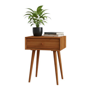 Modern wooden side table with plant and books isolated on white background