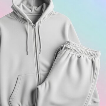 Grey Zip-Up Hoodie and Joggers Sweatpants Tracksuit Set Mockup on Pastel Gradient Background