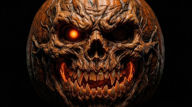 A strikingly detailed and digitally manipulated image showcasing a skull formed from a chaotic blend of textures and a single glowing red eye