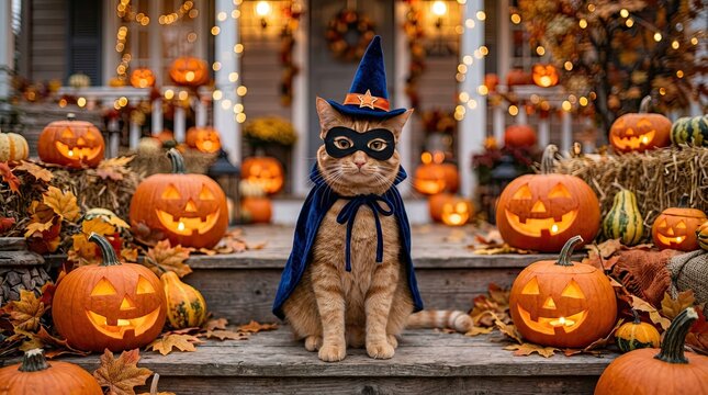 A charming feline friend dressed for halloween poses amidst a vibrant display of illuminated jack o' lanterns and festive autumn decorations creating a