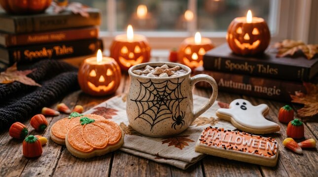 A cozy halloween scene featuring a warm mug glowing jack o' lanterns and delightful treats creating a spooky and inviting autumnal atmosphere