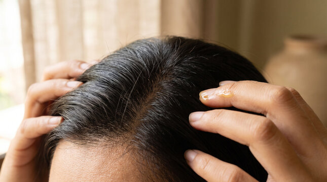 Macro view of botanical oil worked into healthy scalp
