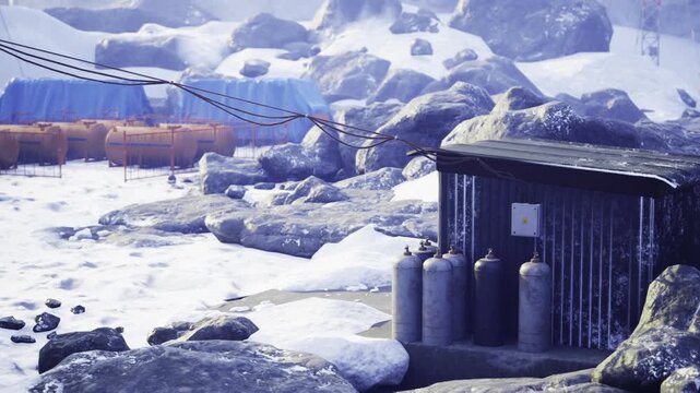 Snowy coastal fishing outpost with weathered shack, stacked propane canisters, icelaced shoreline, scattered nets and buoys, low winter sun casting blue shadows