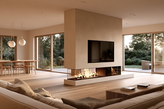 Modern open plan living room interior with a central fireplace partition featuring a builtin television and panoramic glass firebox, minimalist design