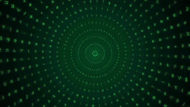 Abstract digital green matrix background with rotating concentric circles of binary code and data symbols