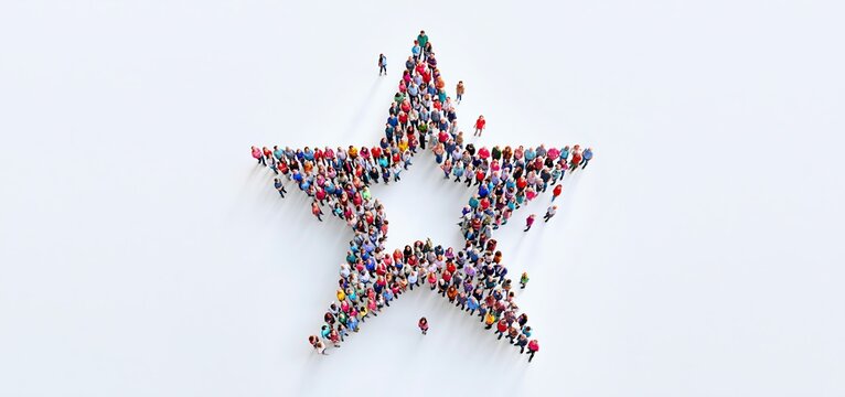 A colorful group forms a large star symbol, celebrating unity and labor in a lively festive setting.