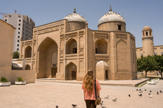 Tourist Walking Near Sheikh Muslihiddin Mausoleum in Khujand