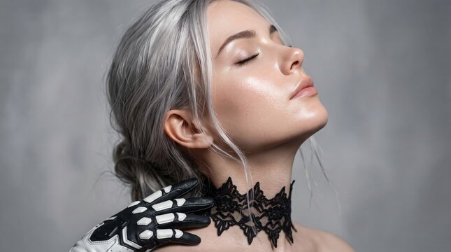Serene woman silver hair wearing intricate black lace choker touching shoulder with patterned glove with neutral textured background