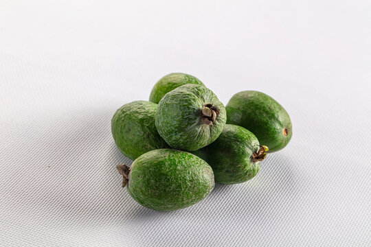 Fresh Green Feijoa Fruits White Textured Background