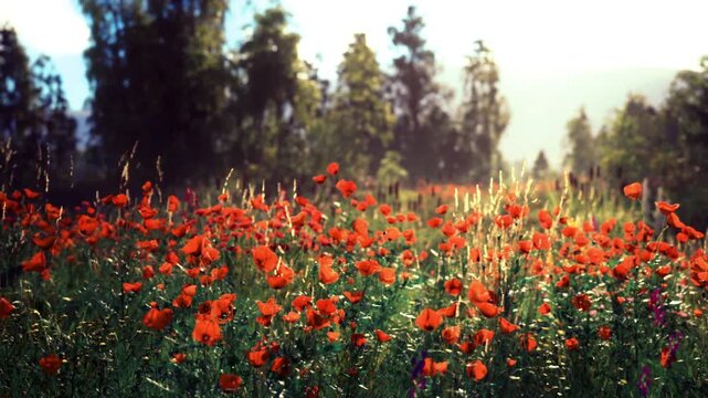 Sunlit poppies in tranquil meadow, warm morning glow over rolling grass, distant tree line, gentle breeze moving stems, soft depth and bright red petals