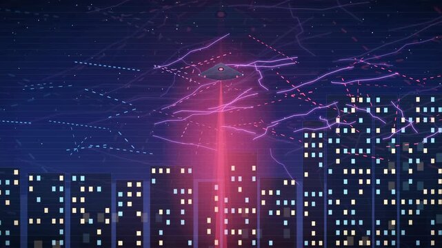 Animated UFO spacecraft attacking a futuristic city skyline with red laser beams at night