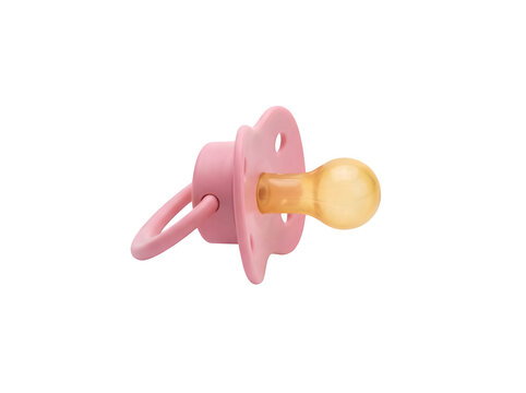 A single pink baby pacifier with a silicone nipple isolated on transparent background
