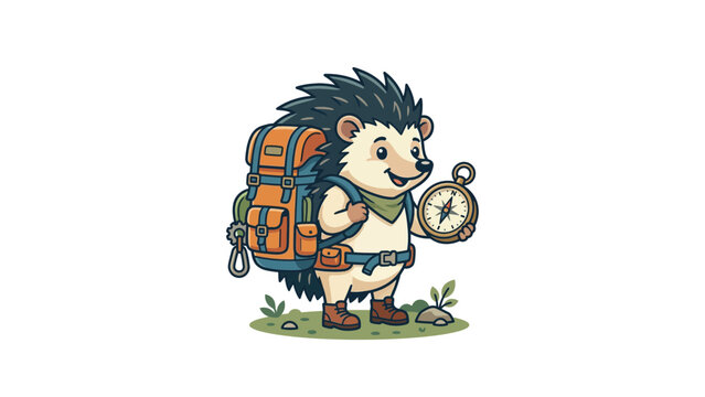 Adventurous hedgehog hiker with backpack and compass.