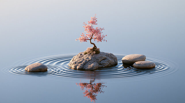 Tiny Bonsai Tree on Rock Island with Symmetrical Water Circles