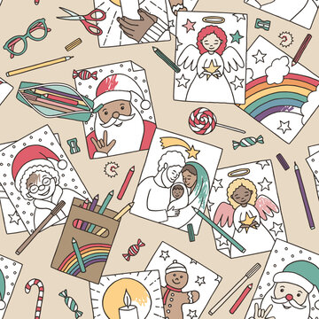 Children's Christmas Colouring Pages Seamless Pattern