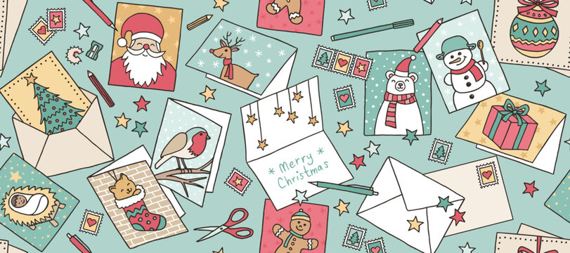 Hand Drawn Christmas Greeting Cards Seamless Banner