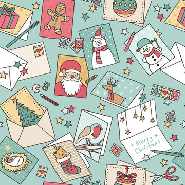 Hand Drawn Christmas Greeting Cards Seamless Pattern