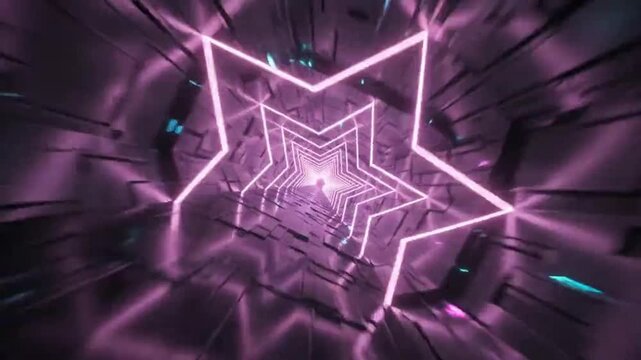 Abstract synthwave tunnel with glowing neon pink star frames representing 80s retro game aesthetic and dynamic VJ motion background