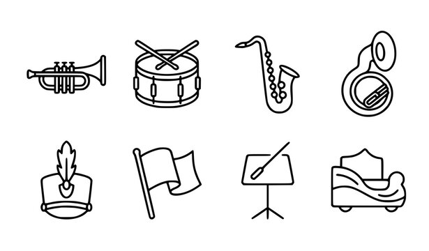Marching Band Parade and School Music Concert Icon Set with Trumpet Drum Saxophone Tuba Shako Hat Flag Stand and Float Line Vectors for Festival Layouts