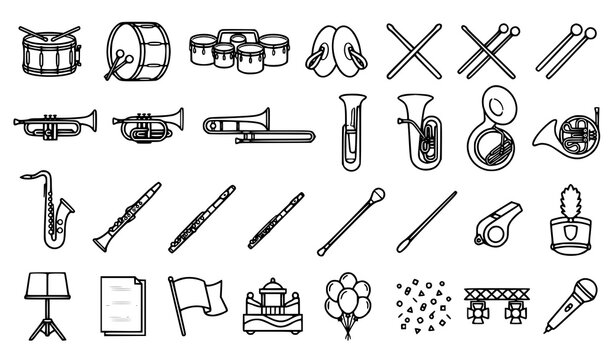 Marching Band and Orchestral Music Instrument Icon Set with Drums Brass Woodwinds Batons Shako Hat Music Stand and Parade Elements for School Concert Event Layouts